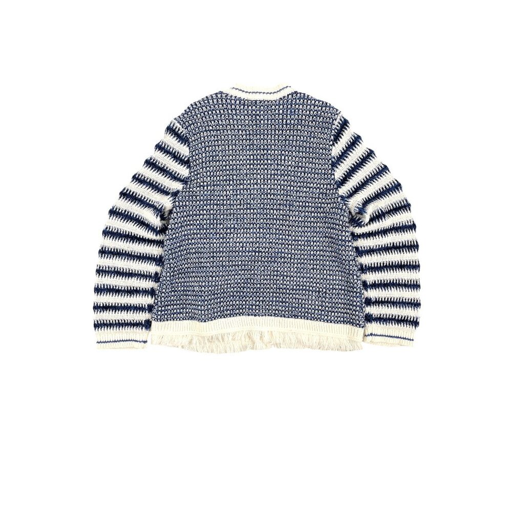 Talbots Womens XL Blue White Striped Fair Isle Eyelash Trim Cardigan Sweater - Picture 2 of 7